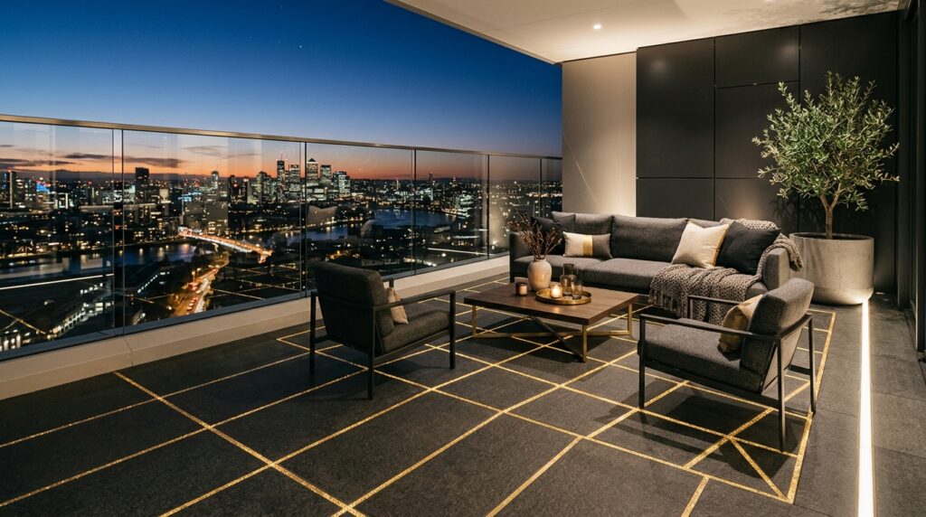 Modern Rooftop Terrazzo and Balcony Ideas for Elite Urban Luxury sky patio with golden lines 202606071537