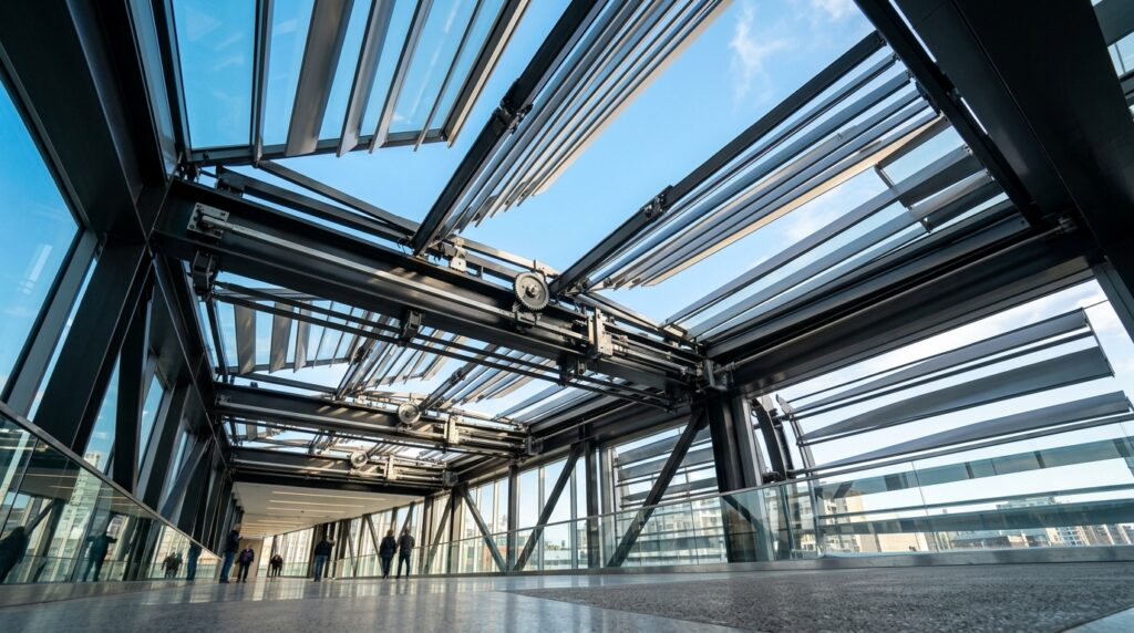 Modern Elevated Skywalks Connecting Luxury Estate Wings skywalk ceiling rotating mechani… 202606072116
