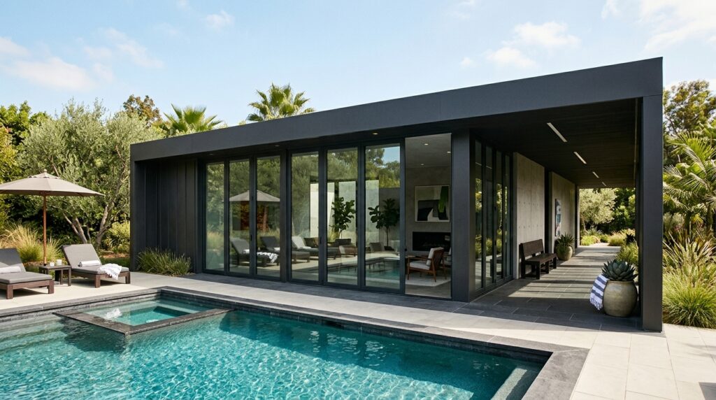 sleek pool house dark roof 202606141159