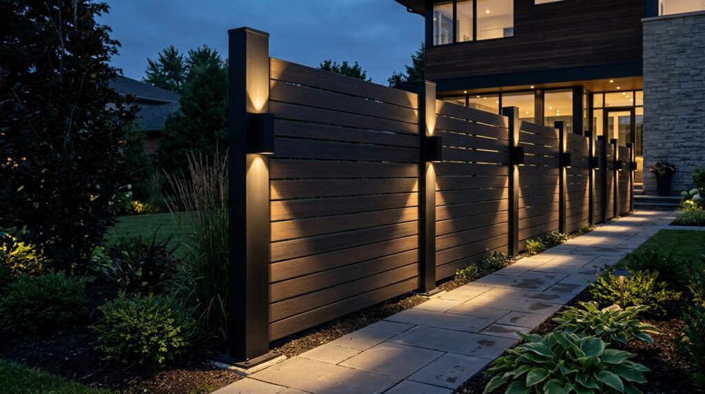 Horizontal Slatted Cedar Fences for a Clean Contemporary Look sleek sconces projecting light u… 202606121350