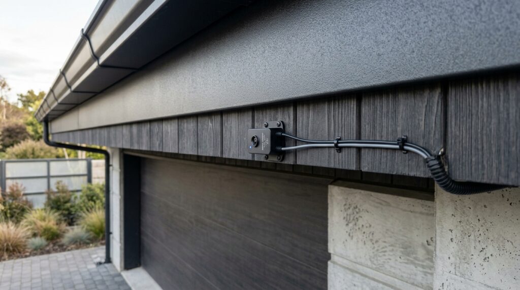 Industrial Gooseneck Fixtures to Illuminate Outdoor Garage Headers smart sensor under roof eave 202606102352
