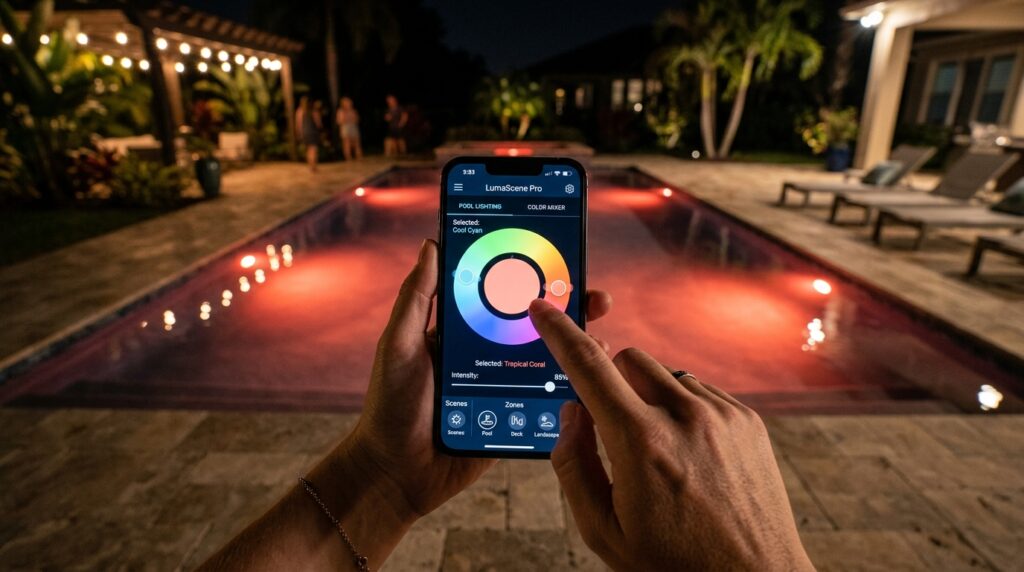 smartphone adjusting pool lights 202606110405