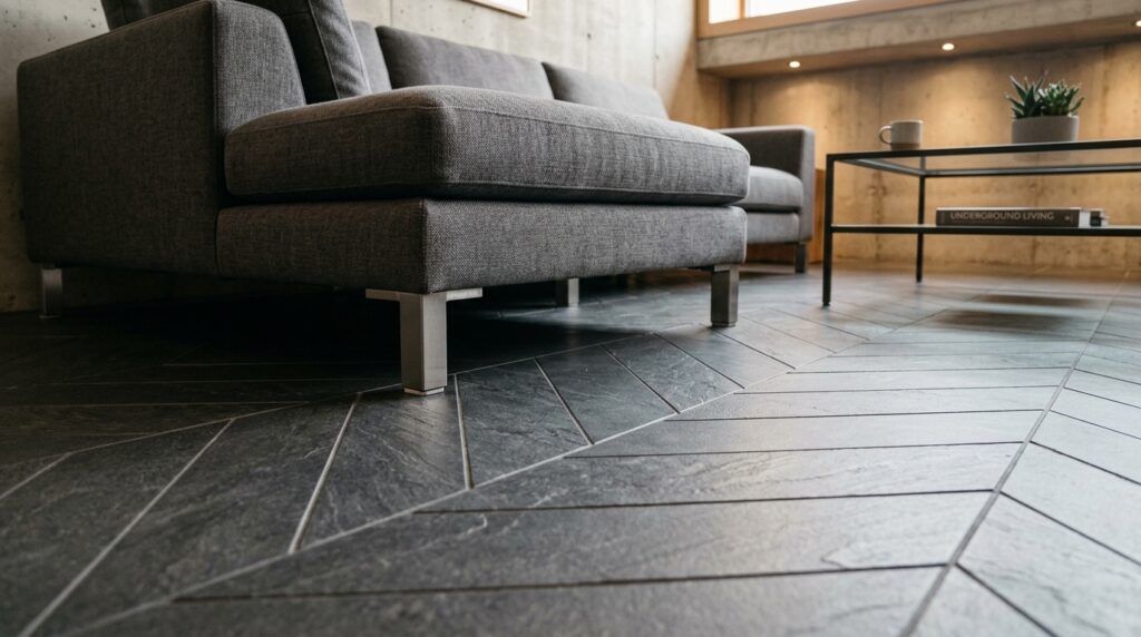 Architectural Sunken Bunker Lounges for High-End Privacy sofa on charcoal stone floor 202606081038