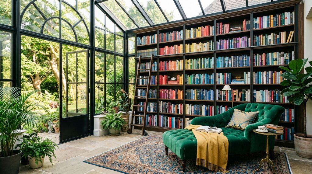 Sunroom and Solarium Ideas For Year-Round Luxury Living solarium with books and chaise 202606052133