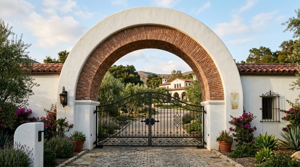 spanish revival estate gate stucco 202606131043