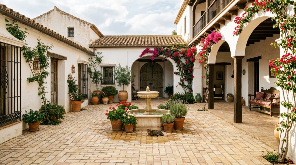Brick-Paved Courtyards Inspired by Classic European Plazas spanish courtyard with whitewash… 202606141352