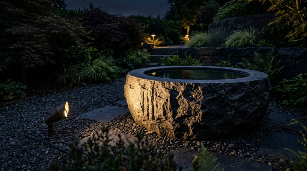 Monolithic Stone Water Bowls with Slow Spillways for Zen Courtyards spotlight on stone water bowl 202606101359