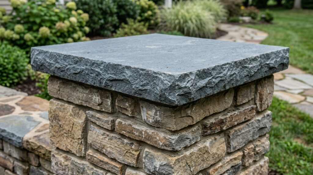 Stacked Flagstone Entry Pillars to Anchor Your Front Driveway Gate stacked flagstone pillar bluestone 202606111311 (1)