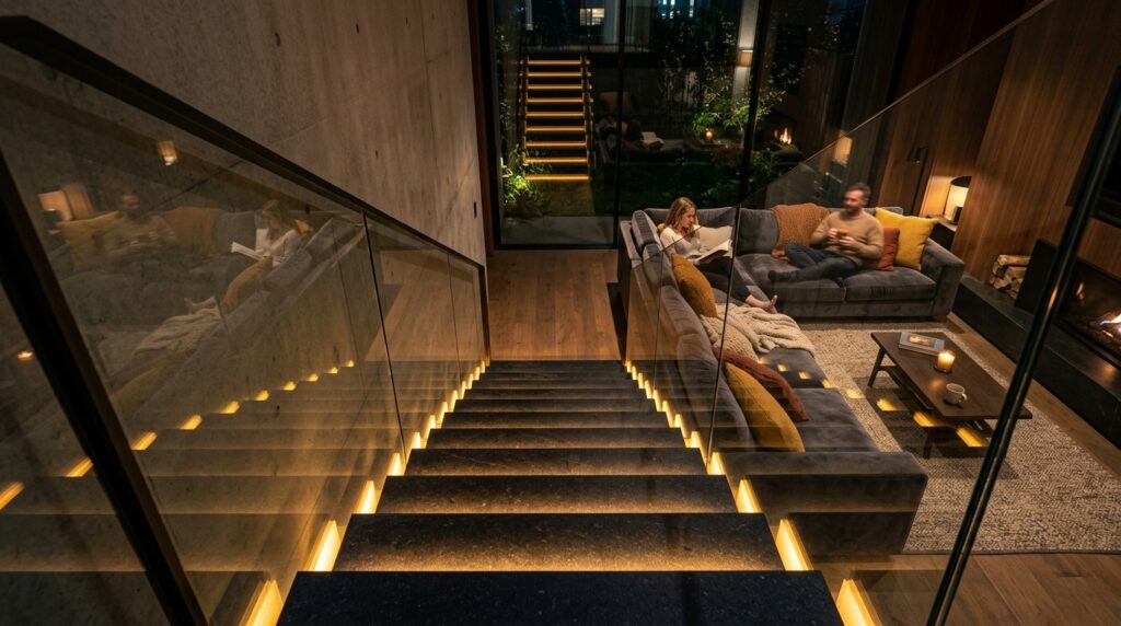 Architectural Sunken Bunker Lounges for High-End Privacy staircase leading to seating zone 202606081023
