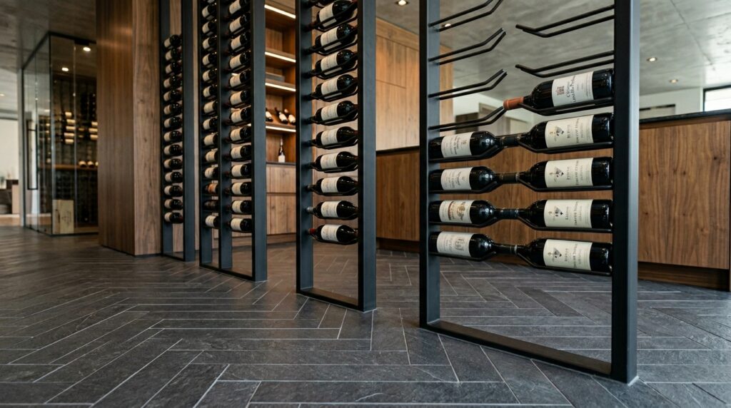 Luxury Subterranean Wine Caves and Private Tasting Vaults steel bottle frames on floor 202606072233