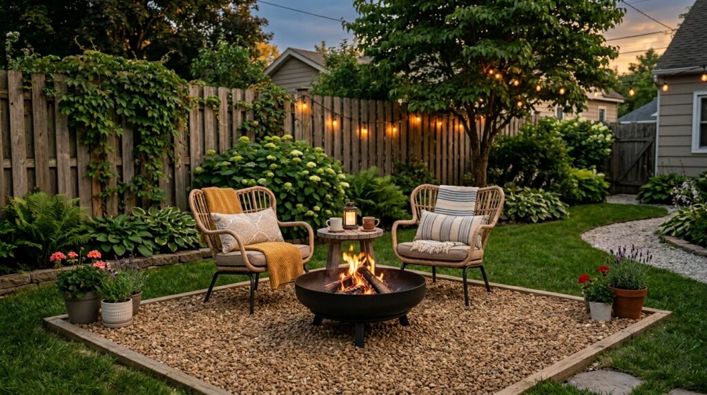 Fire Pit Lounge Ideas For Cozy Backyard Evenings steel bowl fire pit rattan 202606042008