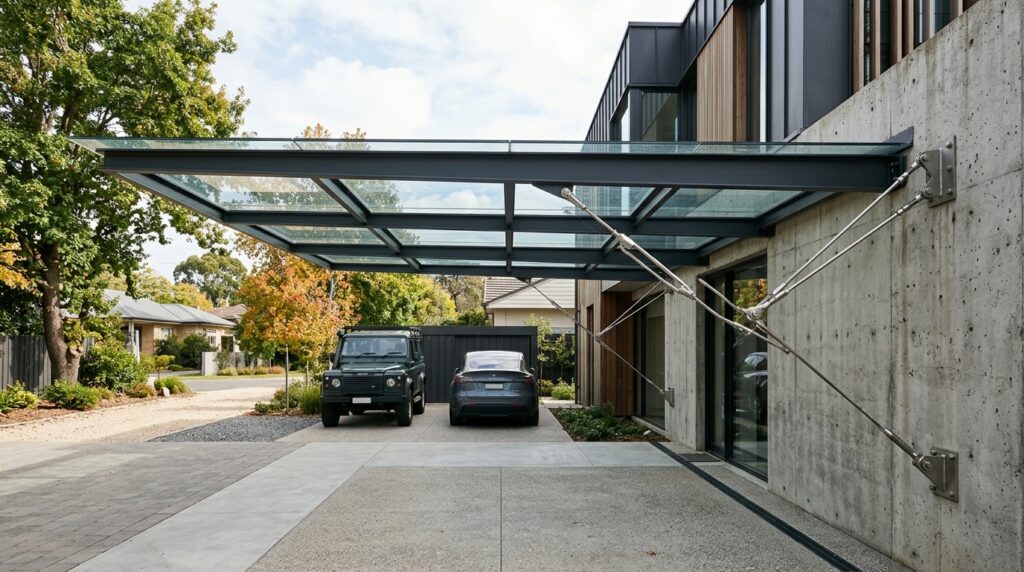 Industrial Steel & Glass Carport Ideas for Darker Driveways steel frame glass roof carport 202606152228