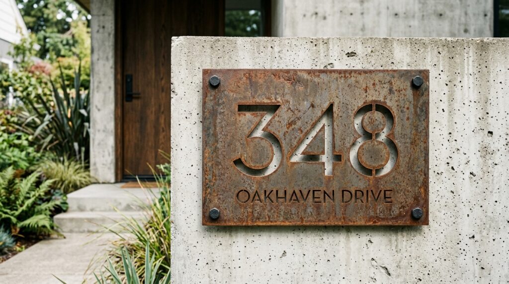 Architectural Frontyard Manifestos for Uncompromising Curb Appeal steel plaque on concrete wall 202606081934