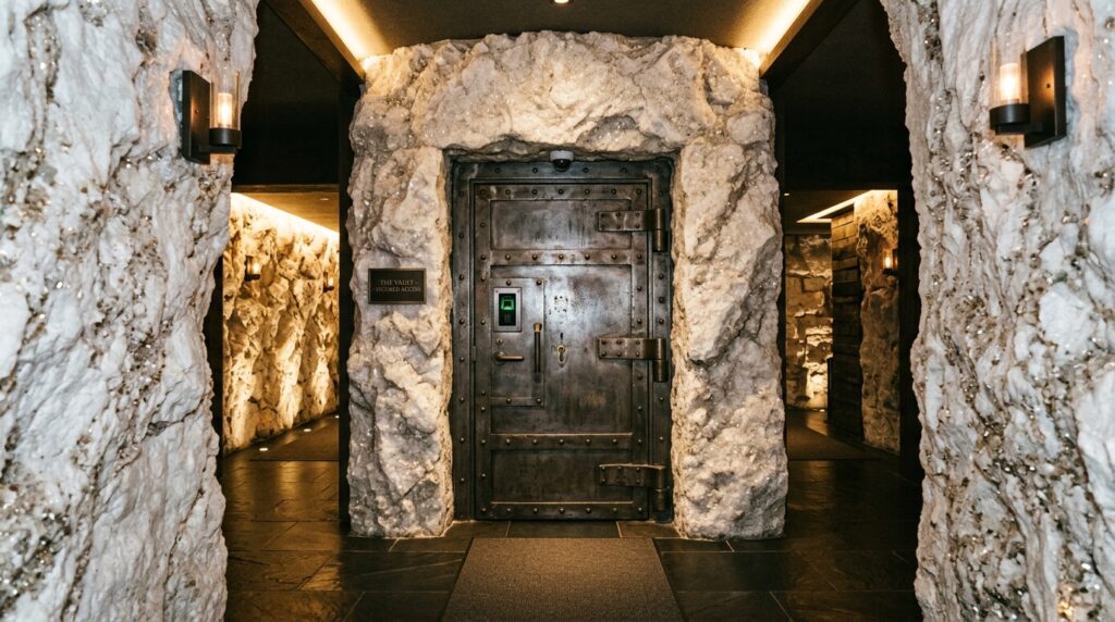 Architectural Sunken Bunker Lounges for High-End Privacy steel security door stone archway 202606081025
