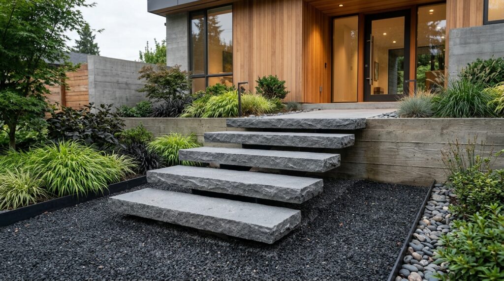 steps hovering over charcoal gravel 202606081651