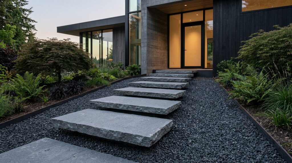 steps hovering over charcoal gravel 202606081734