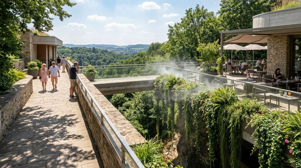 Modern Elevated Skywalks Connecting Luxury Estate Wings stone bridge terrace mist plants 202606072121