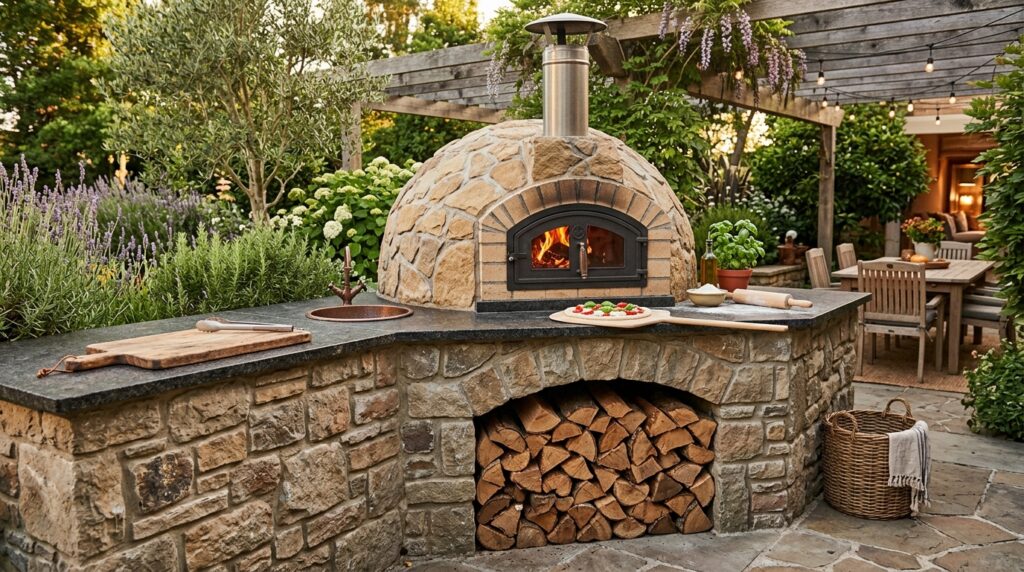 Outdoor Kitchen and Bar Ideas for Ultimate Backyard Fun stone outdoor kitchen pizza oven 202606061835