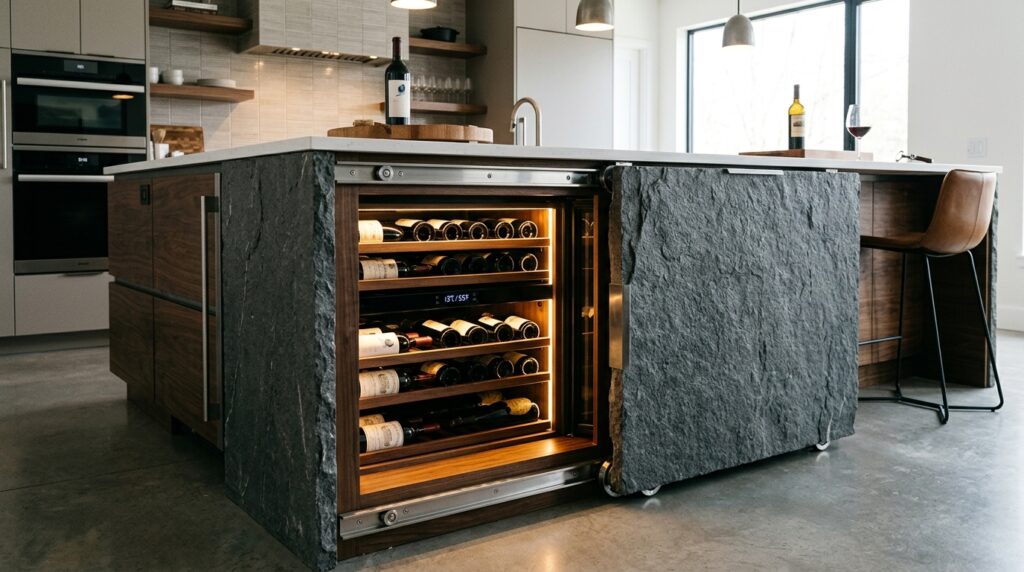 Modern Backyard Culinary Lounges Crafted for Ultra-Premium Hospitality stone panel opens wine cabinet 202606081843