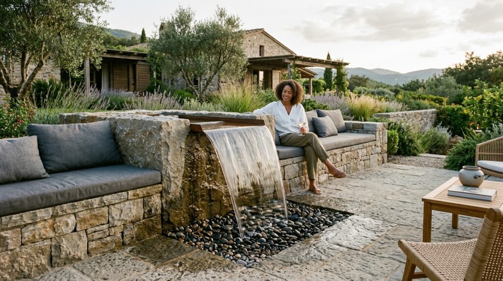 Monolithic Stone Water Bowls with Slow Spillways for Zen Courtyards stone terrace lounge water feature 202606101356