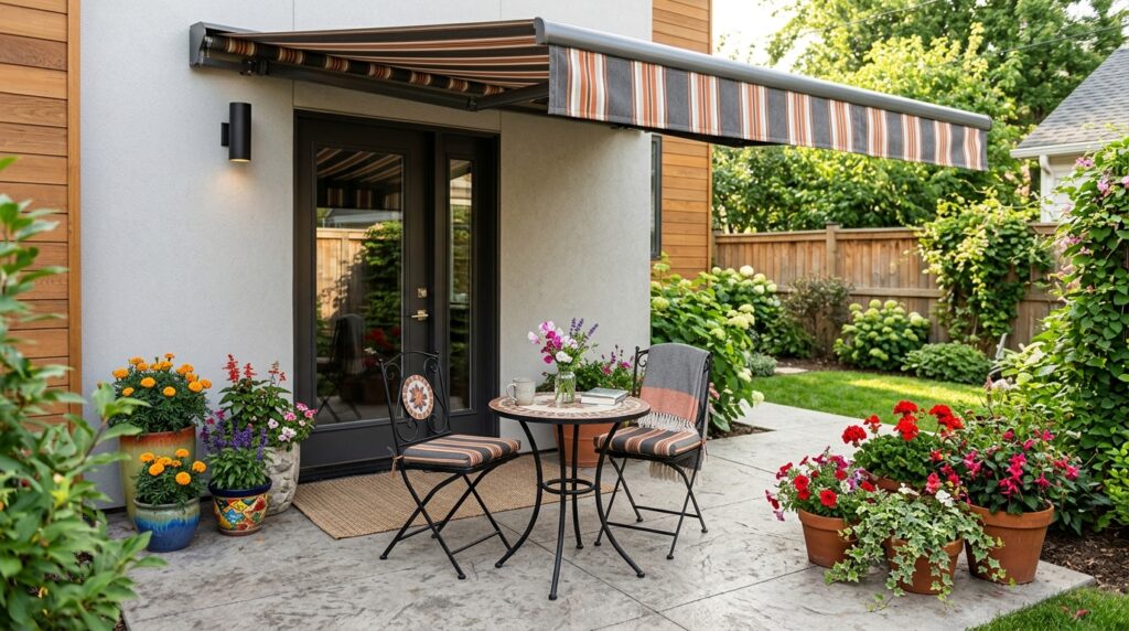 Creative Covered Patio Ideas for Year-Round Outdoor Living striped awning over patio 202606071413