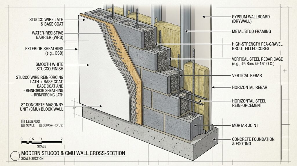 Modern White Stucco Walls Accented with Dark Wood Insets stucco wall construction diagram 202606120002
