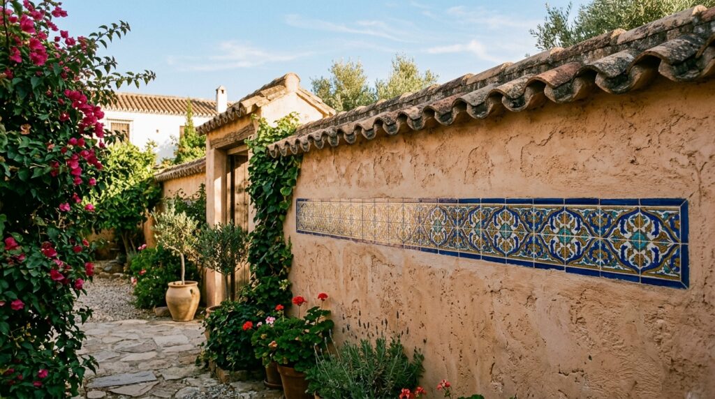 stucco wall with mosaic tiles 202606121007