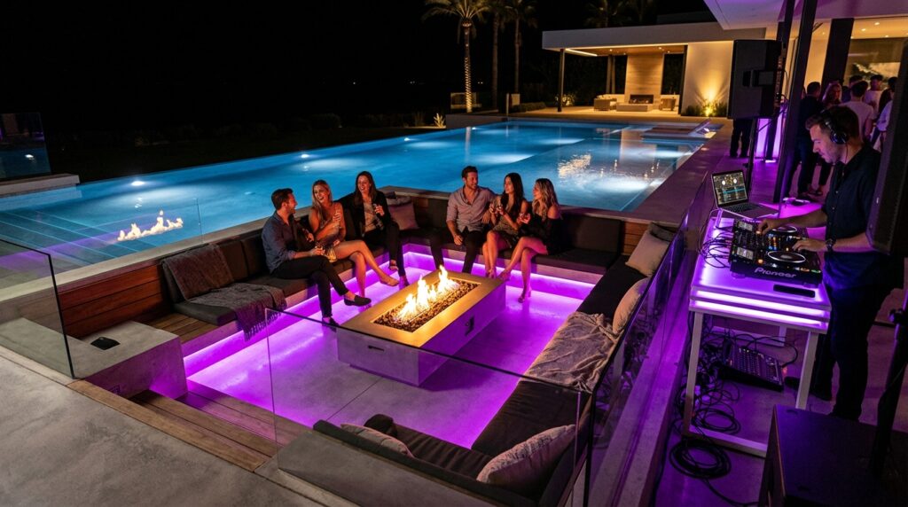 Sound-Activated Accent Lights to Elevate Outdoor DJ and Bar Stations sunken fire deck area pool 202606101415