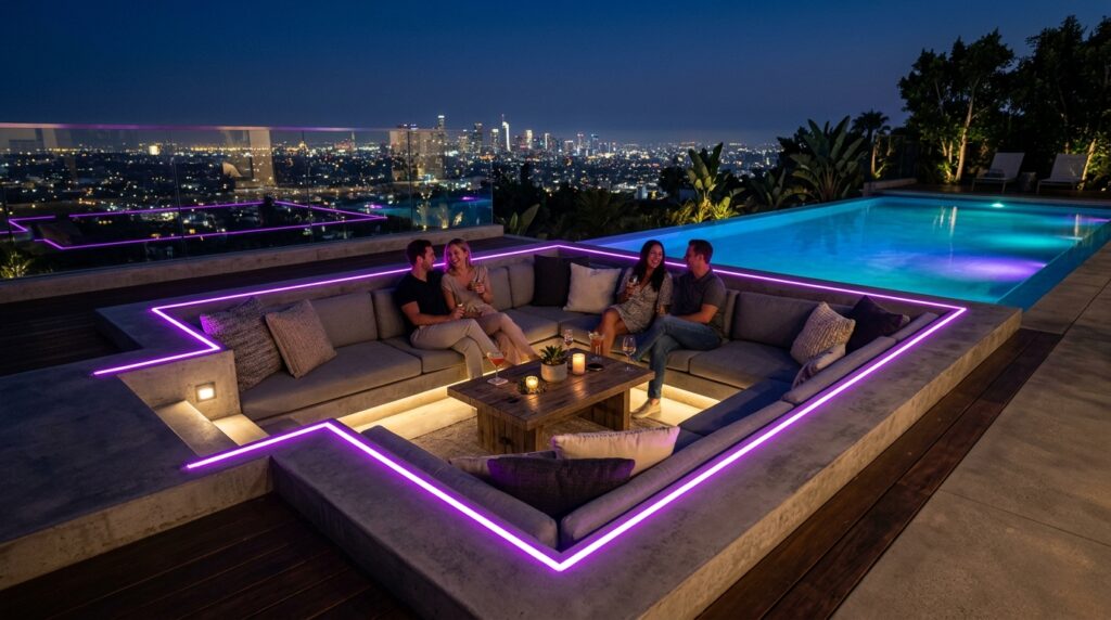Neon Contour Strip Lighting for Futuristic Pool and Deck Edging sunken lounge next to pool 202606101248