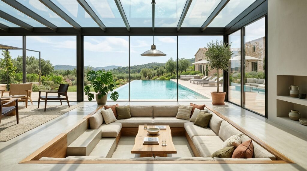Sunroom and Solarium Ideas For Year-Round Luxury Living sunken lounge pit near pool 202606052123