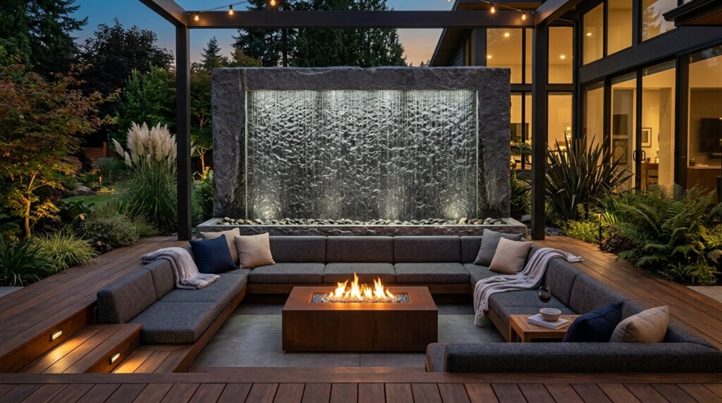 Contemporary Water Walls Using Dark Granite and Rippling Flows sunken lounge seating deck 202606102232