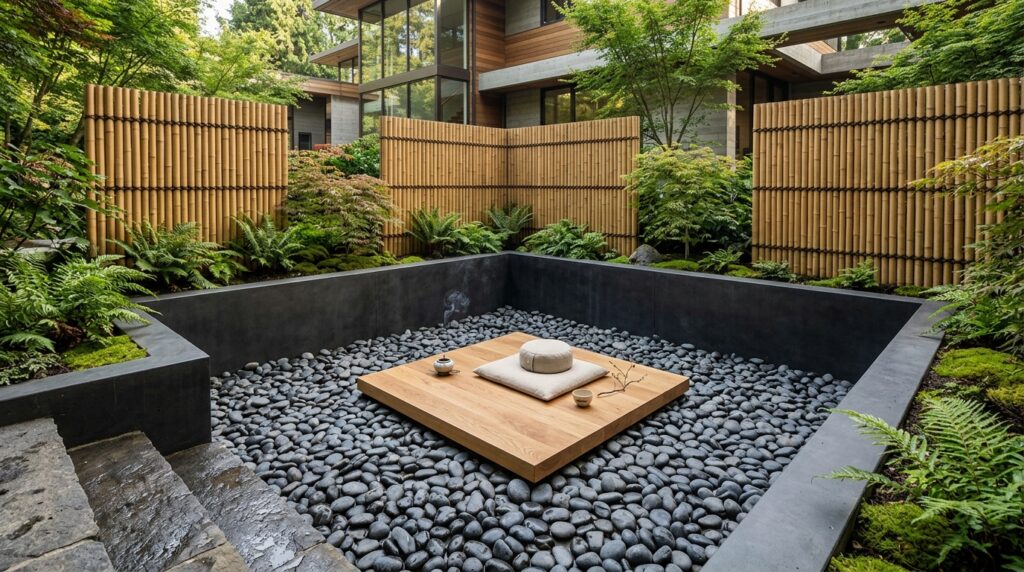 Zen Meditation Patios with Bamboo Screens and Smooth River Rocks sunken patio with bamboo screens 202606141444