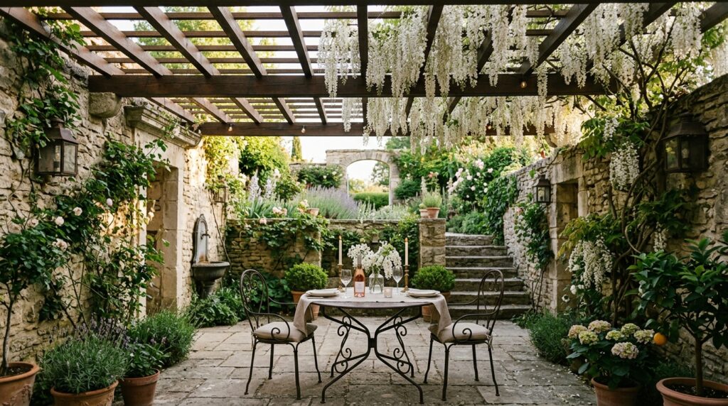 Outdoor Dining Rooms Under Wisteria-Covered Rafter Structures sunken patio with wisteria vines 202606141536