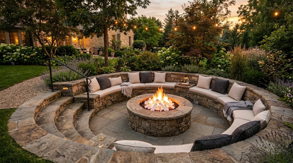 Fire Pit Lounge Ideas For Cozy Backyard Evenings sunken seating area fire pit 202606041942