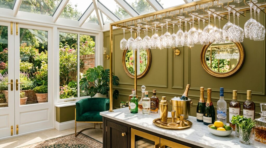 Sunroom and Solarium Ideas For Year-Round Luxury Living sunroom bar station crystal glasses 202606052125