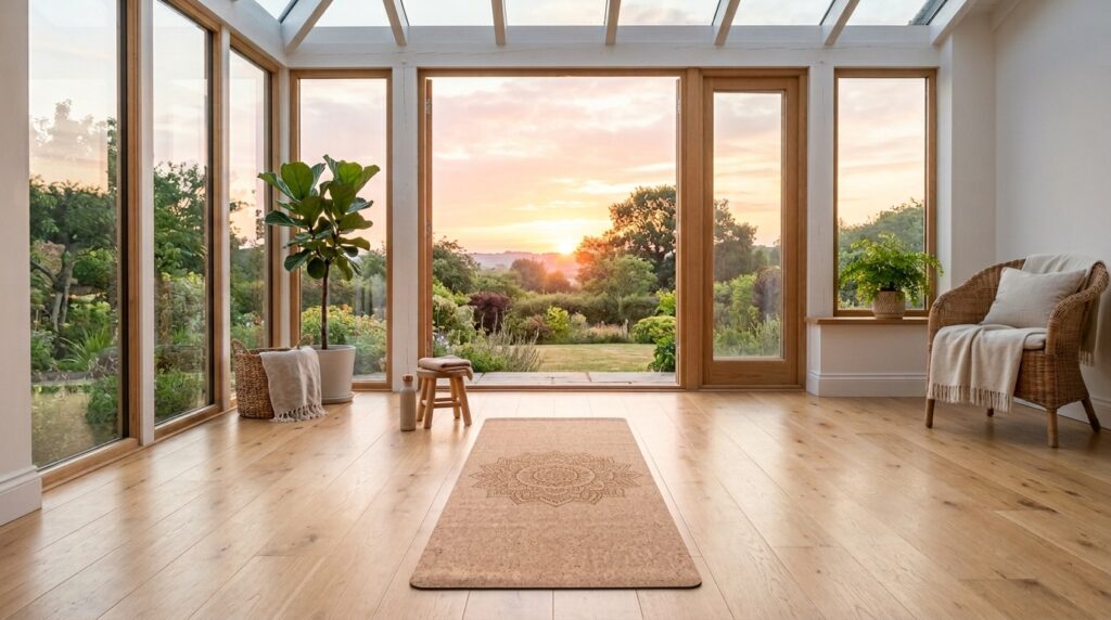 Sunroom and Solarium Ideas For Year-Round Luxury Living sunroom with cork yoga mat 202606052129