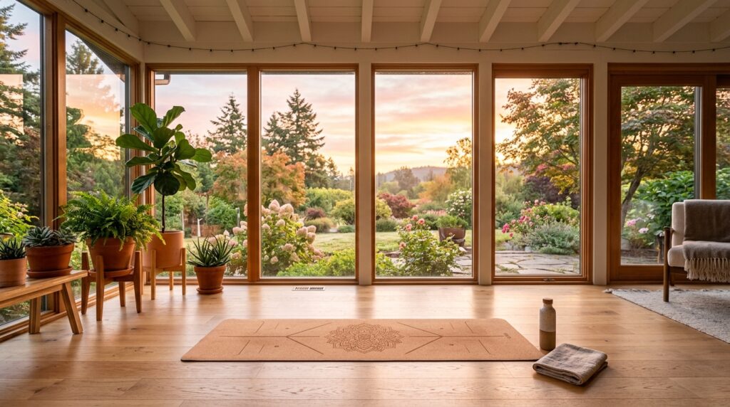Sunroom and Solarium Ideas For Year-Round Luxury Living sunroom with cork yoga mat 202606052131