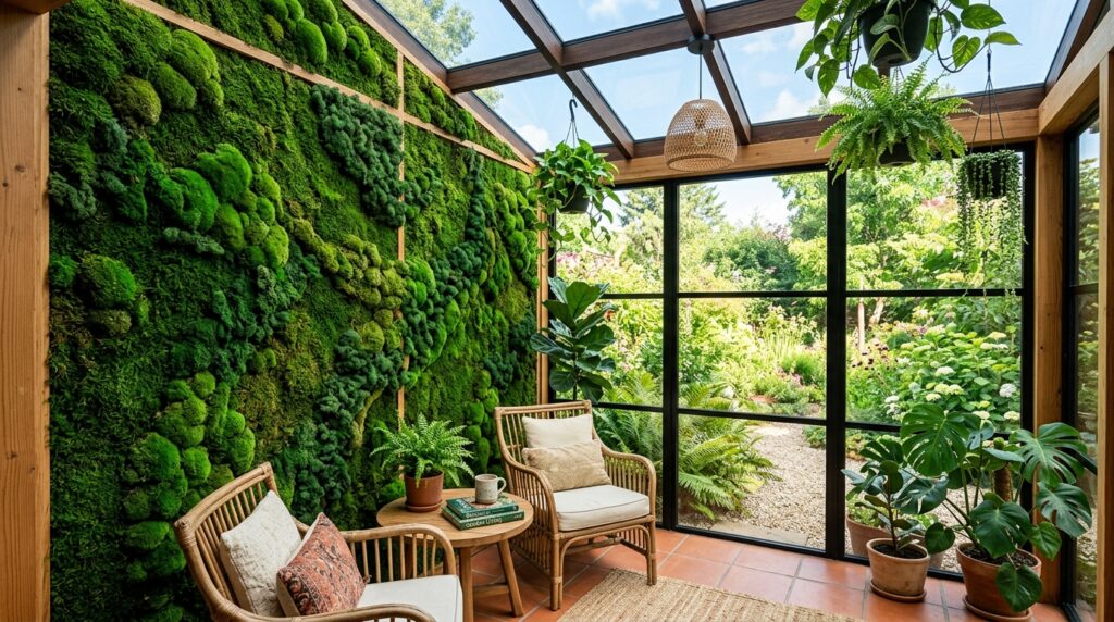 Sunroom and Solarium Ideas For Year-Round Luxury Living sunroom with green moss wall 202606052115