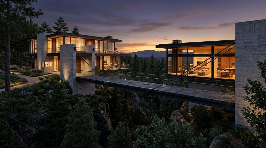 Modern Elevated Skywalks Connecting Luxury Estate Wings suspended walkway connecting man… 202606072107