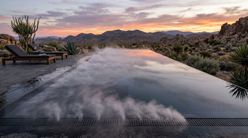 Architectural Fogging Systems to Keep Desert Patios Cool and Moody swimming pool reflecting desert sky 202606101121