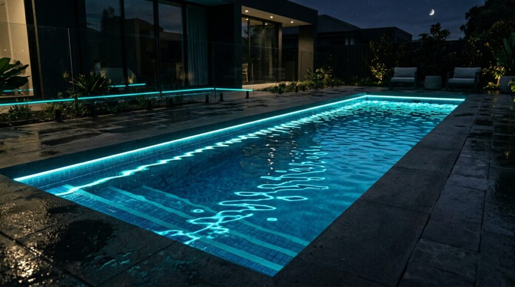 Neon Contour Strip Lighting for Futuristic Pool and Deck Edging swimming pool with cyan glow 202606101234