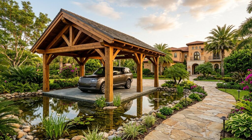 teak wood carport reflection pond 202606152057