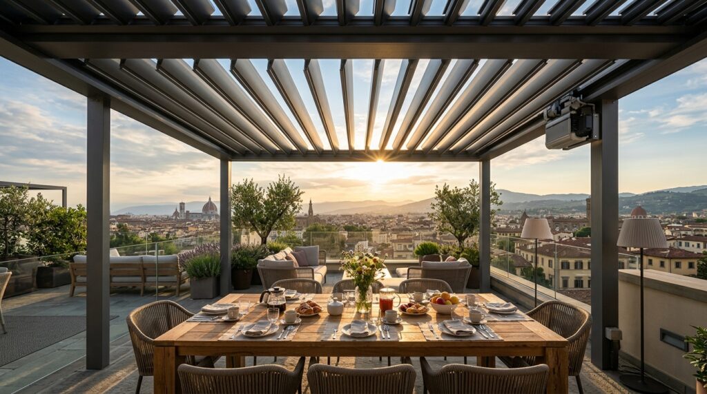 Luxury Outdoor Kitchen Monoliths and Covered Dining Pavilions terrace roof awning opening sunl… 202606081236