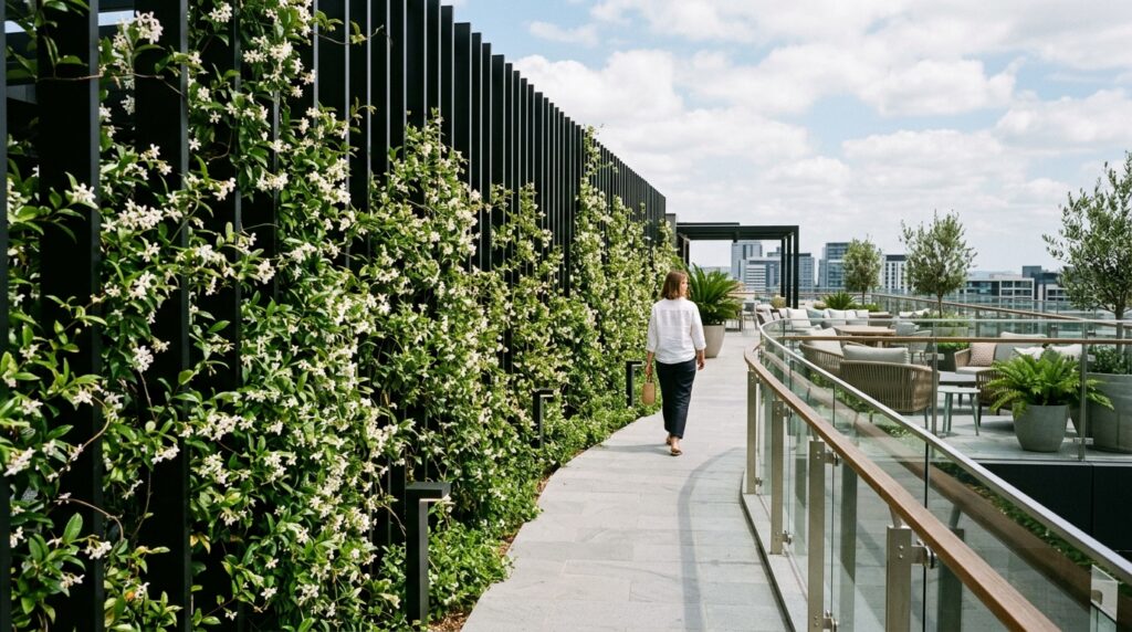 Modern Outdoor Balcony Designs For Luxury Urban Living terrace walkway black slat wall 202606070739