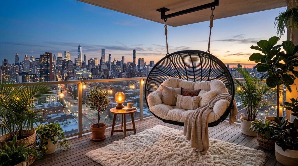terrace with black rattan swing 202606072035