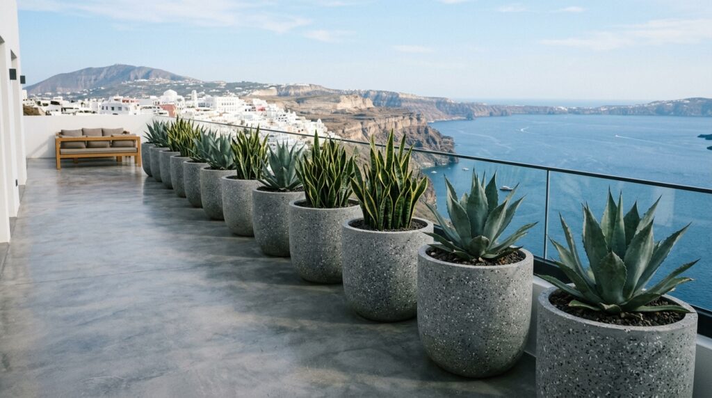 Modern Rooftop Terrazzo and Balcony Ideas for Elite Urban Luxury terrace with grey pots 202606071537