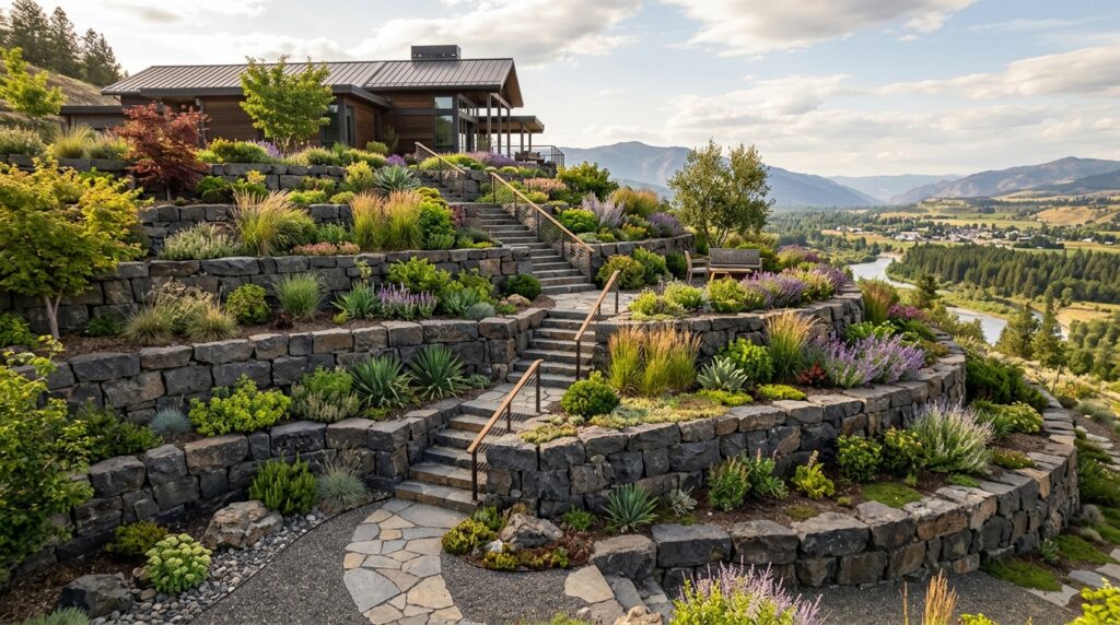 Frontyard Manifestos Built on Basalt Foundations and Quartzite Paths terraced hillside with basalt bl… 202606100847