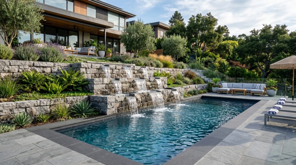 Contemporary Water Walls Using Dark Granite and Rippling Flows terraced water wall swimming pool 202606102235