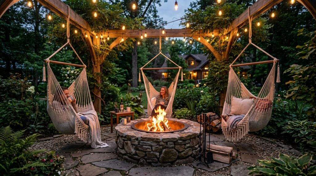 Fire Pit Lounge Ideas For Cozy Backyard Evenings three chairs around fire pit 202606042040