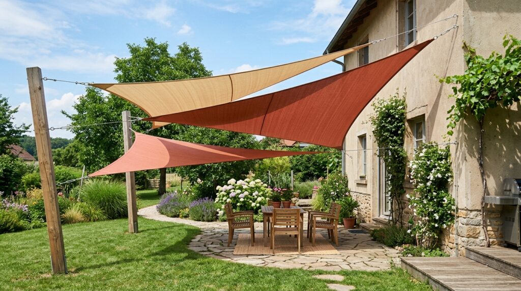 Creative Covered Patio Ideas for Year-Round Outdoor Living three fabric sail shades overlap… 202606071413